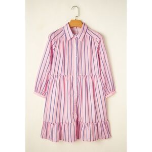 Aureum Pink Blue Striped Mini Long Sleeve Shirt Ruffle Button-Up Dress XS Preppy